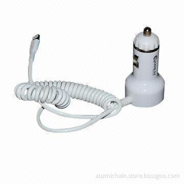 2.1A USB Car Charger with Spring Retractable Cable for iPhone 5, iPad Mini, Sufficient 2A Current